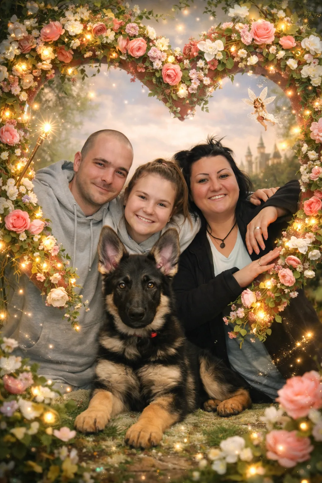 Ollie with her family and Maple in a heart-shaped floral frame